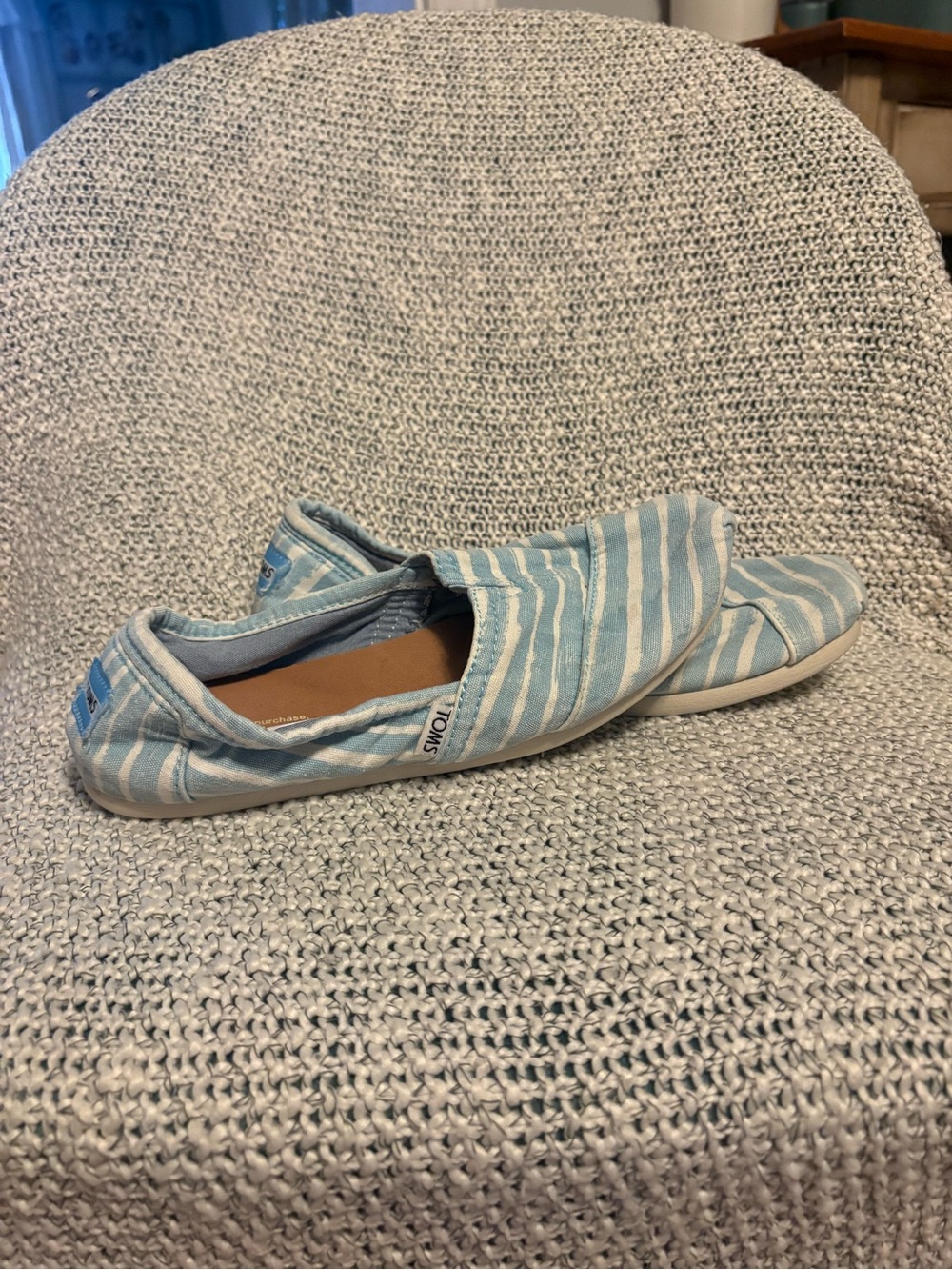 Toms Light Blue and White Striped Slip-On Shoes